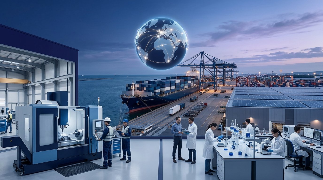 International trade, industrial machinery, logistics, and global supply chain operations